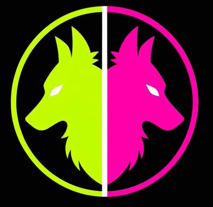 A stylized logo featuring a wolf or dog head split down the middle—half neon green/yellow on the left and half hot pink on the right—against a black background.