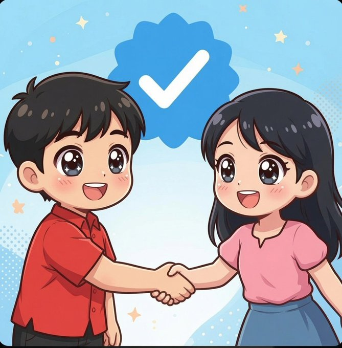 An anime-style illustration of a boy and girl shaking hands with smiles, accompanied by a blue checkmark badge in the background.
