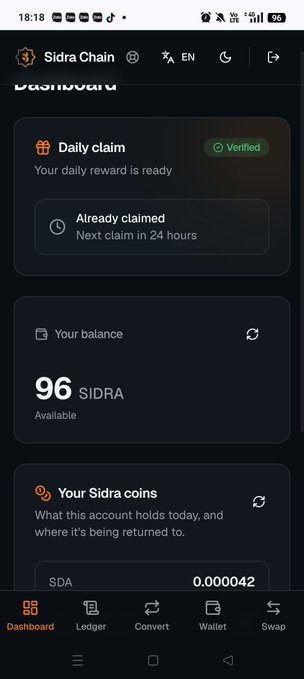 A Sidra Chain dashboard screenshot showing a daily claim of 96 SIDRA coins, with a balance of 96 SIDRA available.
