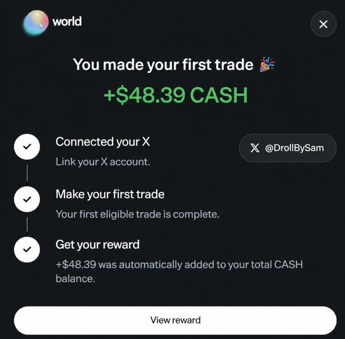 A dark-themed app notification celebrating a first trade on 'world', showing '+ $48.39 CASH' earned, with a connected X account '@DrollBySam' and a 'View reward' button.