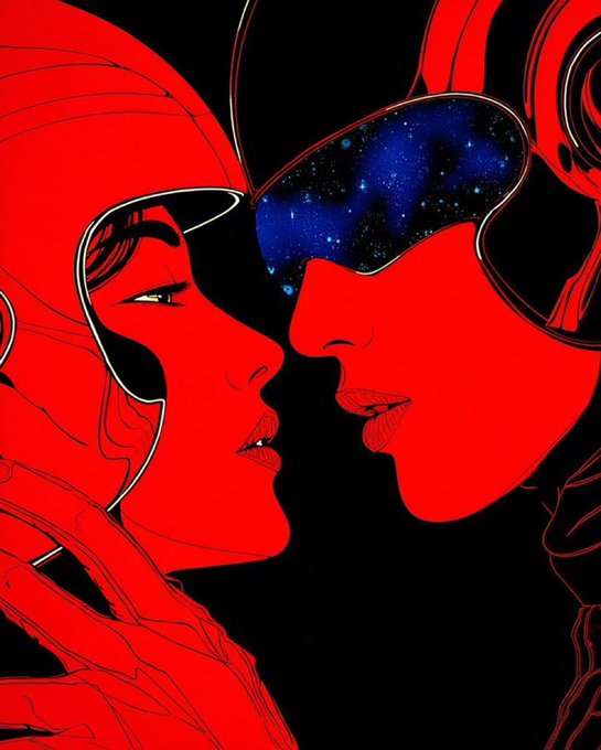 A stylized red and black illustration of two figures facing each other in profile, with their connected helmets displaying a view of outer space filled with stars.