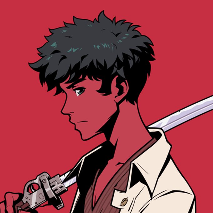 Anime-style illustration of a young man with messy black hair shown in profile, holding a large sword over his shoulder against a solid red background.