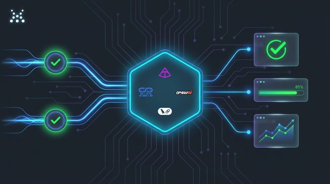 A futuristic digital graphic showing a central glowing blue hexagon connected by circuit lines to checkmarks, a progress bar at '85%', and a line graph.
