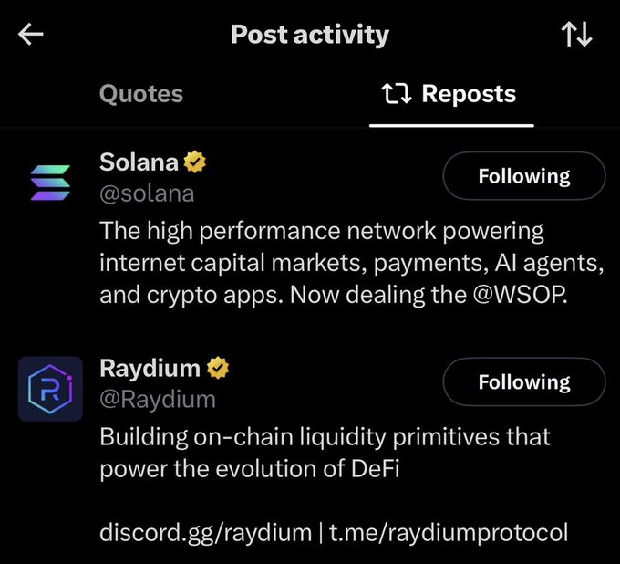 A screenshot of Twitter 'Post activity' showing 'Reposts' from Solana (@solana) describing it as 'The high performance network powering internet capital markets, payments, AI agents, and crypto apps' and Raydium (@Raydium) building 'on-chain liquidity primitives that power the evolution of DeFi'.