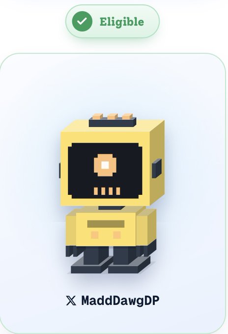 A digital collectible card featuring a pixelated yellow robot character with 'Eligible' marked at the top and the X (Twitter) handle 'MaddDawgDP' at the bottom.