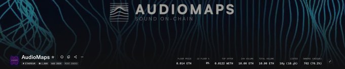 A screenshot of the AudioMaps 'Sound On-Chain' interface showing an ETH/USDC pair with floor price, listings, and sales volume statistics.