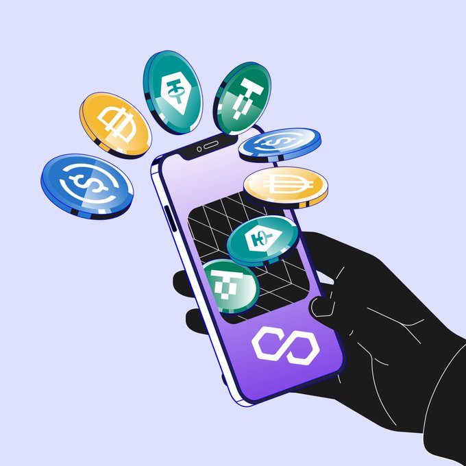 A hand holds a smartphone displaying the Polygon logo, with various cryptocurrency coins (including USD Coin, Tether, and Dai) floating around it against a light purple background, visually reinforcing the message of swapping Polygon-based stablecoins with zero fees on Trust Wallet.