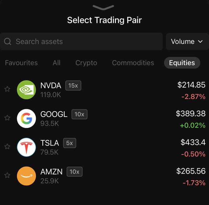 The image shows a trade list or spread sheet with symbols of companies such as Tesla, Google, Microsoft, Amazon, and others. These are typically found in a cryptocurrency portfolio management tool like Tria that allows users to trade different cryptocurrencies. The image is focused on highlighting these symbols rather than explaining the actual content of the spreadsheet.