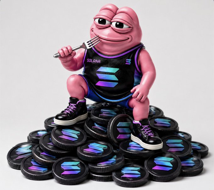 A pink cartoon frog character wearing a black tank top labeled "SOLANA" and black sneakers sits atop a pile of purple and blue Solana-branded coins while holding a fork, matching the "PORK CULT @solana" post with its playful crypto and food meme aesthetic.