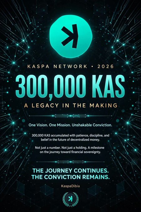 A digital promotional poster for the Kaspa cryptocurrency displaying 'KASPA NETWORK 2026', '300,000 KAS', 'A LEGACY IN THE MAKING', and the tagline 'THE JOURNEY CONTINUES. THE CONVICTION REMAINS.' with the Kaspa 'K' logo prominently featured.