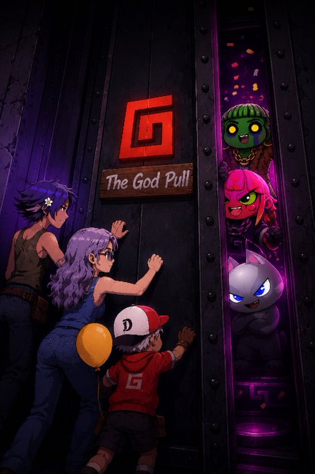 An anime-style illustration shows three children and a purple-haired woman pressing against a large metal door with a glowing red 'G' logo and a sign reading 'The God Pull,' while on the other side, three colorful character mascots peer through a crack filled with purple light.
