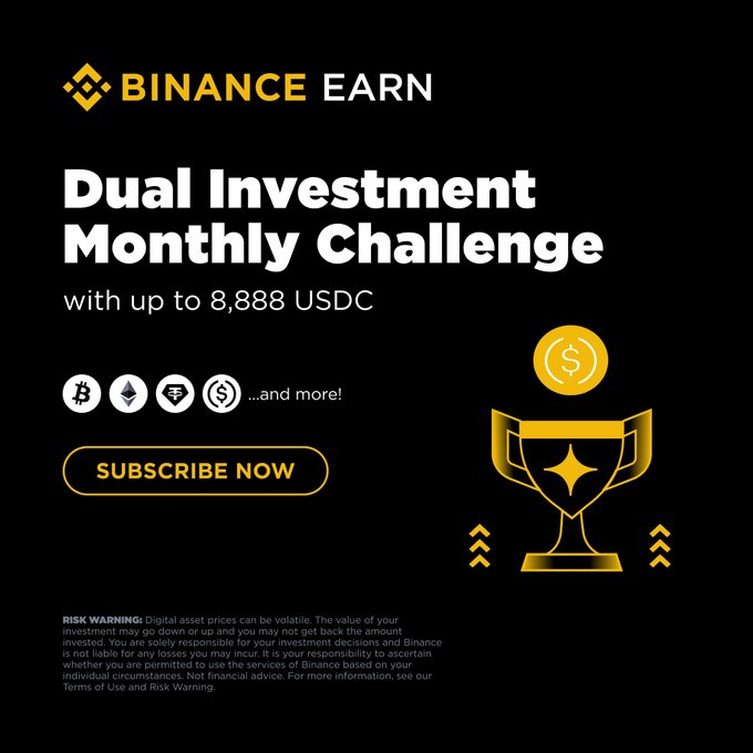 The image features a trophy with a gold base and a yellow top that has a dollar sign on it, indicating that there's an opportunity for people to invest in Bitcoin and potentially earn money from it. The text on the image reads "Time' s almost up! Last call to earn up to 8,888 USDC on Dual Investment." This suggests that there is a challenge or competition related to investing in Bitcoin, and those who participate have the chance to win a prize of $8,888.