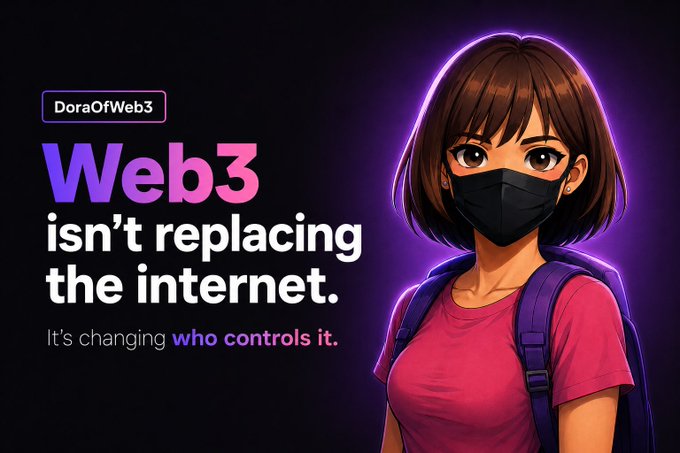 A promotional graphic from 'DoraOfWeb3' with an anime-style illustration of a masked woman, stating 'Web3 isn't replacing the internet. It's changing who controls it.'