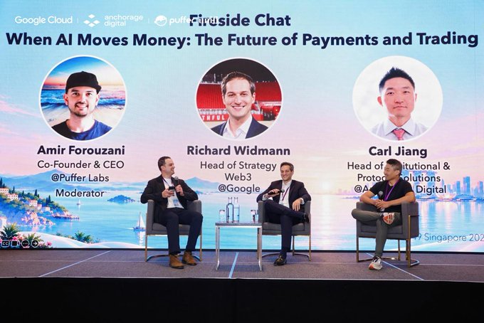 Three men sit on stage at a 'Fireside Chat' panel titled 'When AI Moves Money: The Future of Payments and Trading,' featuring Amir Forouzani (Co-Founder & CEO, Puffer Labs/Moderator), Richard Widmann (Head of Strategy Web3, Google), and Carl Jiang (Head of Institutional & Protocol Solutions, Anchorage Digital), with logos for Google Cloud, Anchorage Digital, and Puffer Labs visible.