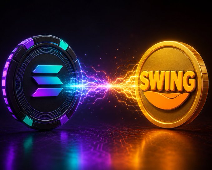 The image features two coins, one gold and one purple, with a lightning bolt symbolizing "SWING" written above them. The text "SOLANA" is also present in the image. The coins are placed against a black background, which emphasizes their colors and shapes. The phrase "SWING SOLANA" suggests that these coins might be related to Bitcoin or another cryptocurrency, as they have been described as "solana" coins.
