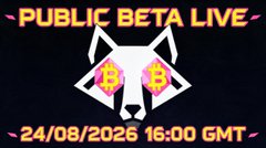 The graphic announces the public beta launch of WecSats, featuring a white geometric fox/wolf head with money bag eyes alongside the text "PUBLIC BETA LIVE" and the launch time "24/08/2026 16:00 GMT," matching the post's announcement that the zero-fee, solo-dev Bitcoin trading platform is now live at trade.wecsats.io.