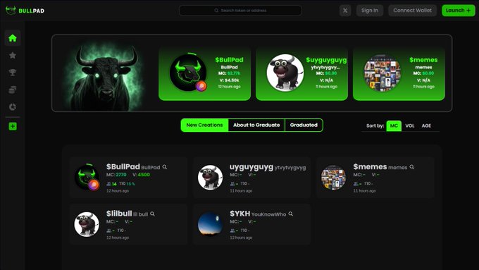 The BullPad homepage displaying various meme tokens ('$BullPad', '$uyguyguyg', '$memes', '$illbull', '$YKH') with their market caps, holdings, and creation times on a dark-themed interface.