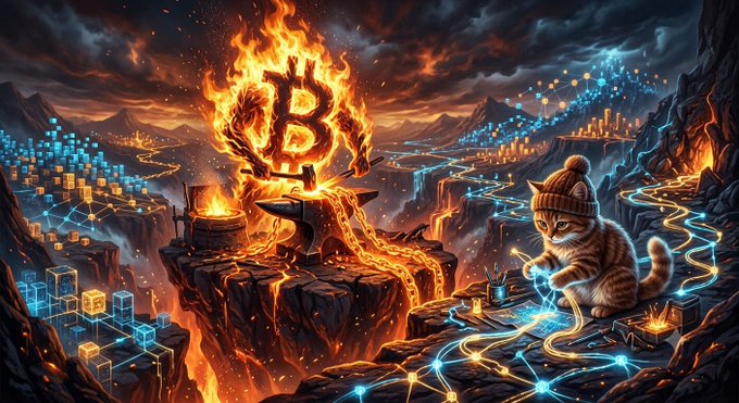 A dramatic digital illustration showing a Bitcoin symbol engulfed in flames on a volcano, with a tabby cat wearing a beanie working on a glowing blue digital network on the right side.