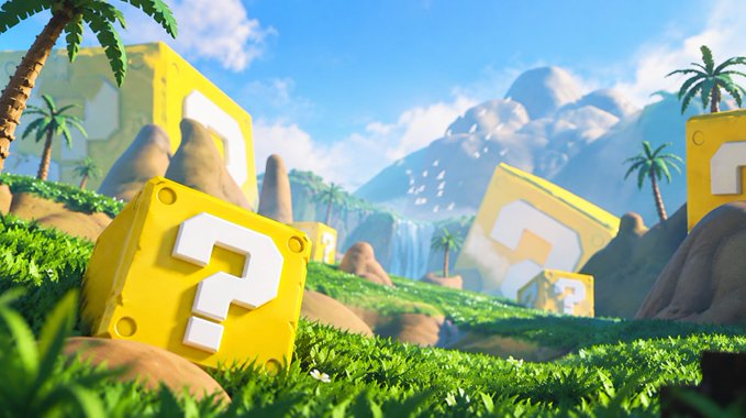 3D-rendered landscape featuring yellow question mark blocks scattered across a grassy field with palm trees, rocks, and a waterfall in the background.