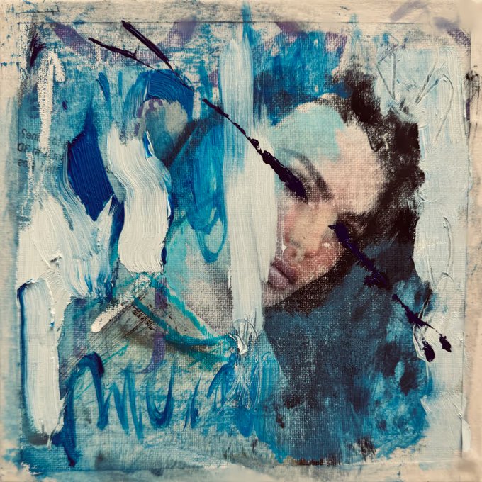 An abstract mixed-media painting in shades of blue, white, and black, featuring expressive brushstrokes, drips, and the partially visible text 'son', 'or', 'ed'.