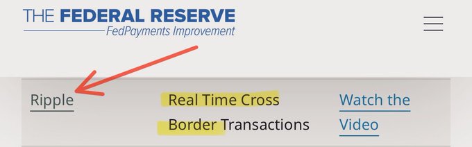 The image shows a Federal Reserve "FedPayments Improvement" page highlighting "Ripple" with an arrow pointing to it, alongside text about "Real Time Cross Border Transactions" and a "Watch the Video" link. The visual is being used to misleadingly suggest Ripple is involved in testing the FedNow Service, as referenced by the $XRP ticker in the post.