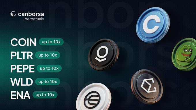 A promotional graphic for 'canborsa perpetuals' lists cryptocurrencies with 'up to 10x' leverage tags, including COIN, PLTR, PEPE, WLD, and ENA, alongside 3D-rendered crypto coins.