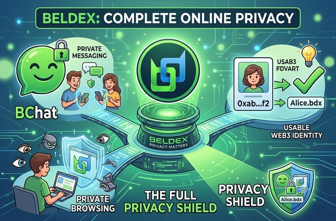 A promotional infographic titled "BELDEX: COMPLETE ONLINE PRIVACY" highlights four key features of the Beldex ecosystem—BChat for private messaging, Web3 identity aliases (e.g., "0xab...f2" becoming "Alice.bdx"), private browsing, and a "Privacy Shield"—with the central Beldex logo and tagline "Privacy Matters." The image visually reinforces the post's message that Beldex extends privacy beyond transactions to communication, browsing, and online identity.