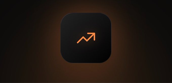A minimalist app icon featuring a dark rounded square with an orange ascending line graph arrow, symbolizing Quant AI's financial growth and analytical focus. The upward trend arrow visually represents the platform's mission to simplify financial research, as announced in the post about the product's evolution after 2.5 years of development.