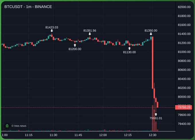 A 1-minute BTCUSDT candlestick chart from Binance shows Bitcoin ranging between approximately 81,130 and 81,423 before experiencing a sharp crash around 12:30, plunging from ~81,350 to a low of 79,661.01 and recovering slightly to 79,766.29. The dramatic ~1,700-point drop humorously resembles a "delisting event," aligning with the joke suggesting Bitcoin was delisted.