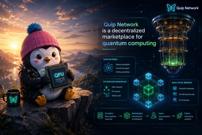 The image features a cute cartoon penguin standing atop some rocks, holding an electronic device (specifically, a circuit board) as part of its "daytime adventure". The backdrop displays a mountain landscape with various elements, including a giant computer tower resembling a supercomputer. The image is accompanied by a post on social media advertising a new product from Quip Network, which is a desktop PC specifically designed for rapid computing and innovation in the field of physics. The post emphasizes how Quip Network's Quantum Computing platform can help businesses grow their network worldwide through various activities like socializing, connecting to other networks, and more.