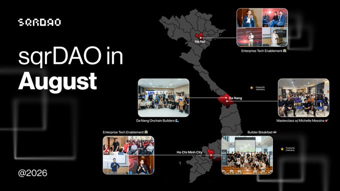 The graphic titled "sqrDAO in August" displays a map of Vietnam highlighting three event locations—Ha Noi, Da Nang, and Ho Chi Minh City—with photos from each, including Enterprise Tech Enablement sessions, a "Da Nang Onchain Builders" meetup, a "Masterclass w/ Michele Messina," a "Builder Breakfast," and an Enterprise Tech Enablement event, visually summarizing sqrDAO's nationwide ecosystem-building activities throughout the month.