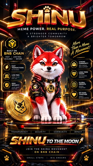 A promotional poster for 'SHINU' cryptocurrency featuring a Shiba Inu dog wearing a gold 'SHINU' medallion, with the slogan 'SHINU TO THE MOON' and 'JOIN THE SHINU MOVEMENT ON BNB CHAIN.'