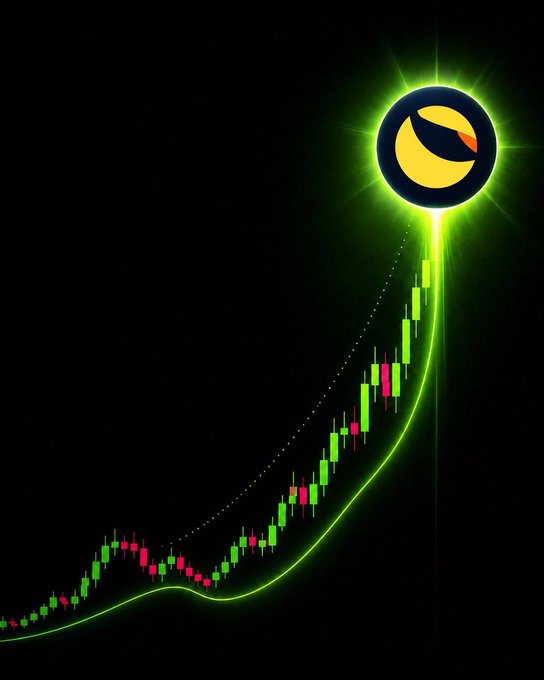 A cryptocurrency price chart with green and red candlesticks forming an upward parabolic curve, topped with a glowing green/yellow logo (resembling the Terra Luna classic or similar token) emitting a radiant beam of light.
