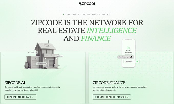 A webpage or promotional graphic for 'ZIPCODE', describing it as 'THE NETWORK FOR REAL ESTATE INTELLIGENCE AND FINANCE', with sections for 'ZIPCODE.AI' and 'ZIPCODE.FINANCE'.