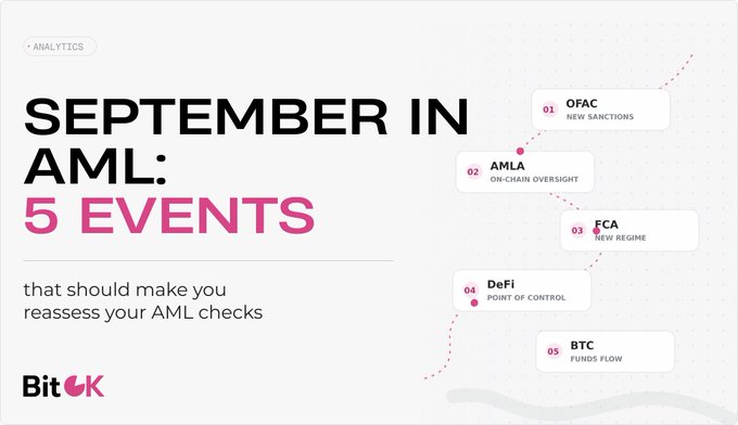 A graphic titled 'SEPTEMBER IN AML: 5 EVENTS that should make you reassess your AML checks' from BitOK, listing OFAC, AMLA, FCA, DeFi, and BTC.