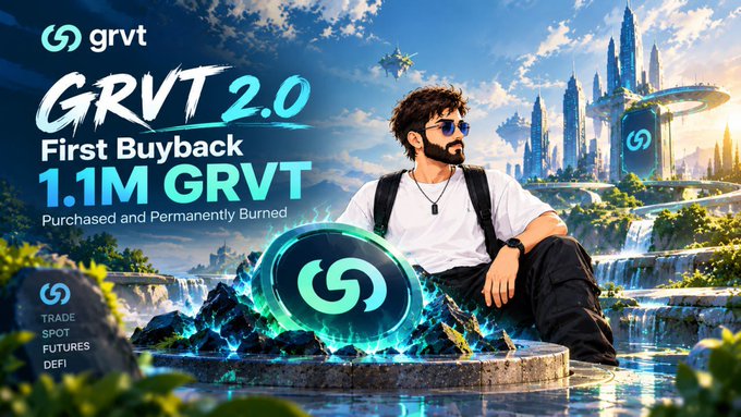 A promotional banner for “GRVT 2.0” reads “First Buyback 1.1M GRVT” and “Purchased and Permanently Burned,” with a seated man, a futuristic city, and features listed as “TRADE,” “SPOT,” “FUTURES,” and “DEFI.”