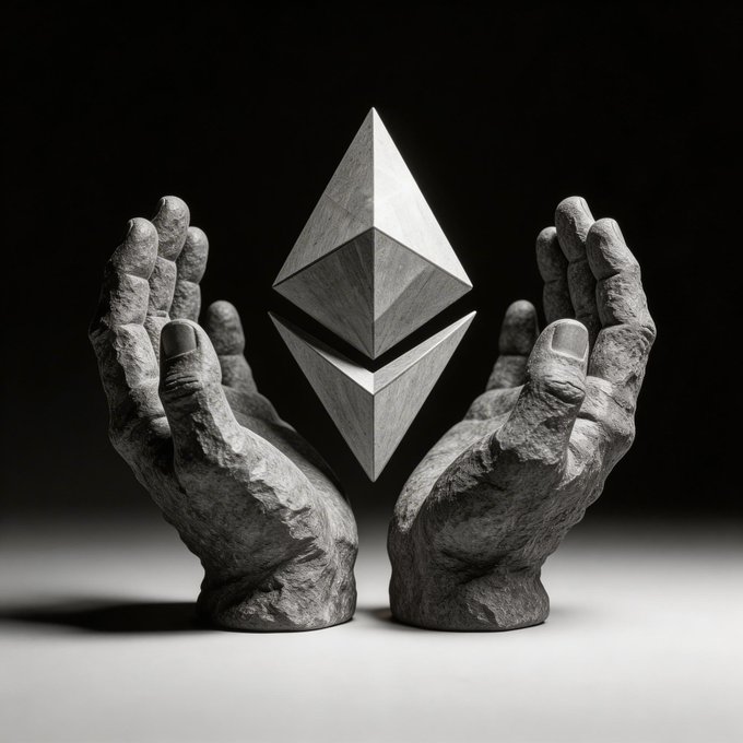 The image features a pair of hands holding a stone sculpture that resembles an etherium token or coin. The sculpture, made from stone, has a unique design with two triangular shapes stacked atop each other. This artistic representation of Etherium serves as a visual metaphor for the digital currency's superiority in terms of value and stability compared to traditional fiat money. The image also includes text that references the cryptocurrency market, highlighting its economic, structural, and technical superiority over other forms of currency.