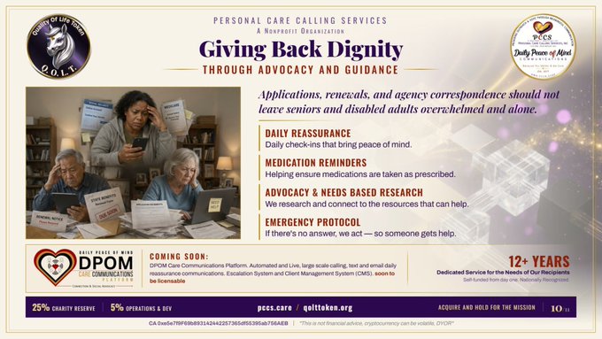 A promotional graphic for 'PERSONAL CARE CALLING SERVICES' features the logos 'PCC' and 'G.O.L.T.', and advertises services like 'DAILY REASSURANCE' and 'MEDICATION REMINDERS' to 'Give Back Dignity' to seniors and disabled adults.