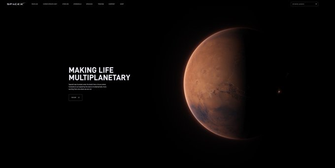 The image shows the SpaceX website homepage featuring a striking view of Mars alongside the tagline "MAKING LIFE MULTIPLANETARY," directly referencing Elon Musk's long-standing goal of establishing human presence on Mars, which the post ties to the Marscoin/SPCX trading pair.