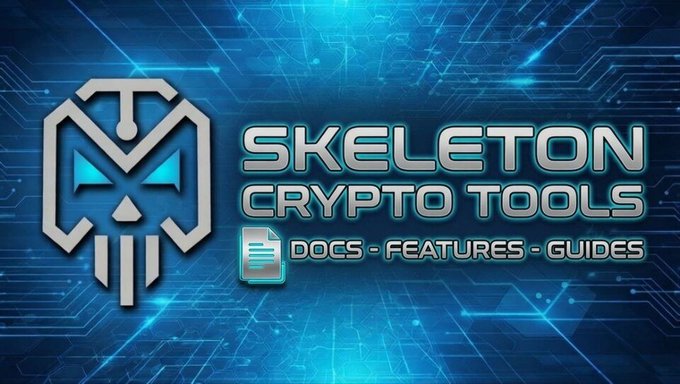 A digital banner displays a stylized geometric skull logo alongside the text "SKELETON CRYPTO TOOLS" with "DOCS - FEATURES - GUIDES" beneath it, set against a blue circuit board background. The image visually promotes the Skeleton Crypto Tools documentation site mentioned in the post, highlighting its multi-chain support across Solana, Robinhood, Base, Binance Smart Chain, and Ethereum.