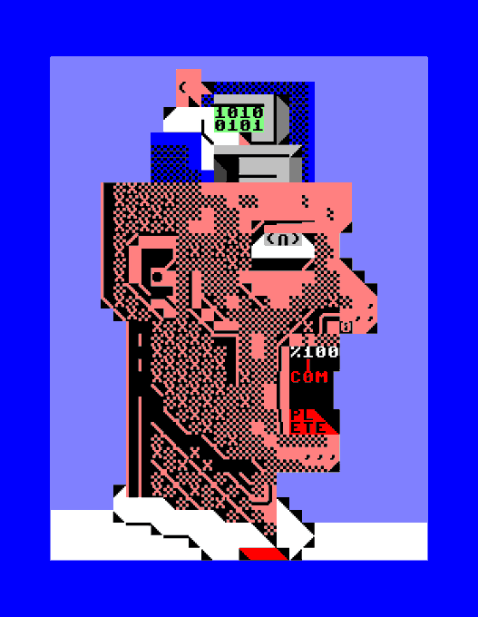 A glitchy, pixelated figure rendered in red and black against a blue background, featuring binary code and fragmented text elements like '1010 0101'.