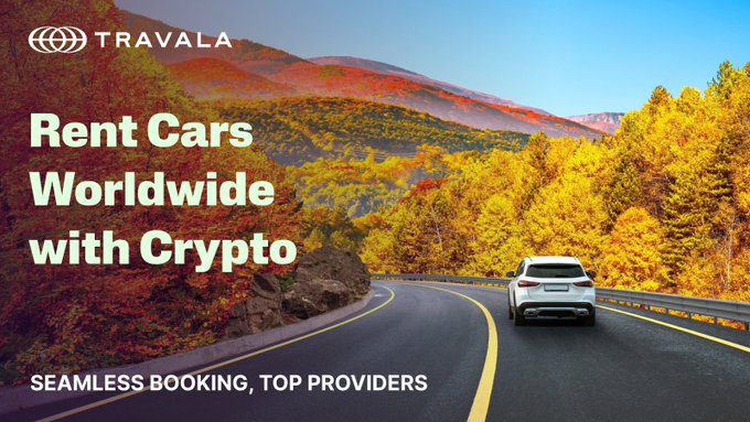 A scenic mountain road with autumn foliage frames a white SUV driving into the distance, overlaid with the Travala logo and the text "Rent Cars Worldwide with Crypto" and "Seamless Booking, Top Providers"—directly promoting Travala's new feature that lets users book car rentals from top global providers using cryptocurrencies like BTC, ETH, and USDT.