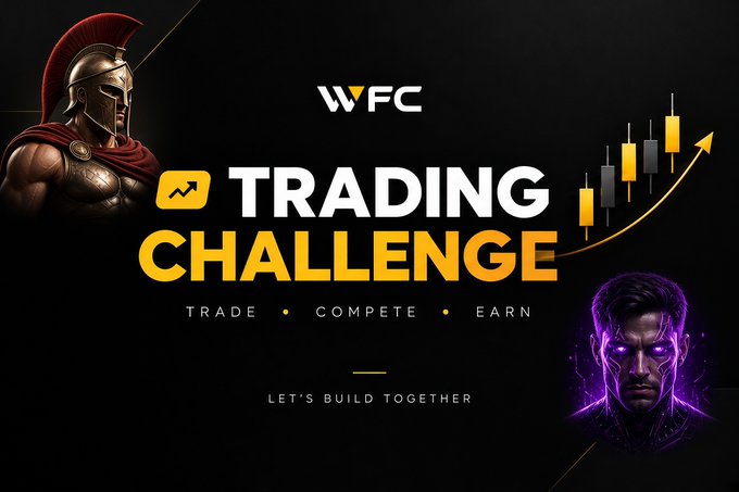 A promotional banner for 'WFC Trading Challenge' featuring a Spartan warrior and a neon purple face, with the slogan 'TRADE • COMPETE • EARN' and 'LET'S BUILD TOGETHER'.