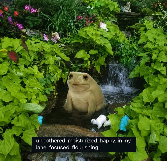 A meme features a frog sitting in a lush, green pond with a waterfall and small toys, accompanied by the text 'unbothered. moisturized. happy. in my lane. focused. flourishing.'