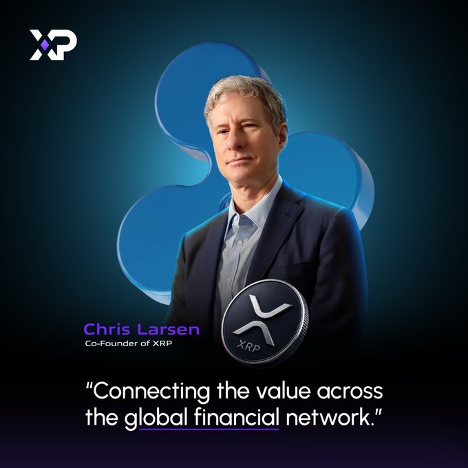 A promotional image featuring Chris Larsen, Co-Founder of XRP, standing in front of a blue Ripple/XRP logo design, with a tagline reading 'Connecting the value across the global financial network.'
