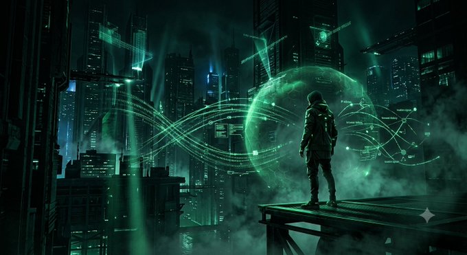 A digital artwork of a hooded figure standing on a ledge overlooking a dark, cyberpunk-style futuristic city with glowing green holographic displays.