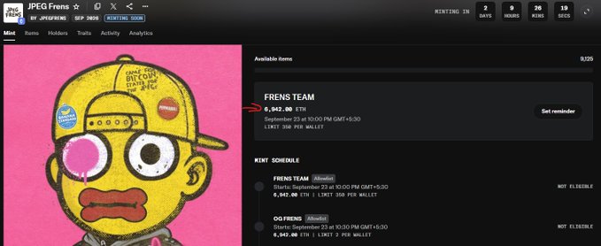 A webpage for the JPEG Frens NFT minting project showing a yellow cartoon character with mismatched eyes, advertising 'FRENS TEAM' with a price of 0.042 ETH and 'OG FRENS' at 0.042 ETH, both set for September 23 at 10:00 PM GMT+5:30.