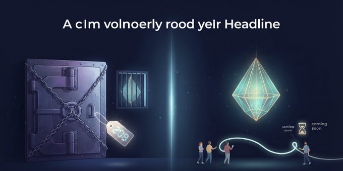 A graphic with distorted text reads 'A clm volnoerly rood yelr Headline' alongside imagery of a chained vault, a tag with text, and an Ethereum-style diamond logo with 'coming soon' hourglass icons.
