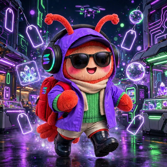 A cartoon character wearing a purple hoodie, sunglasses, and headphones in a neon-lit futuristic city setting with glowing crystals and a drone in the background.