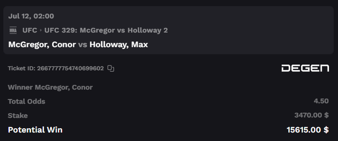 A betting slip on DEGEN platform showing a $3,470 stake on Conor McGregor to win at 4.50 odds (potential $15,615 payout) for UFC 329: McGregor vs Holloway 2 on July 12 at 02:00, supporting the poster's confident claim that McGregor will win this weekend.